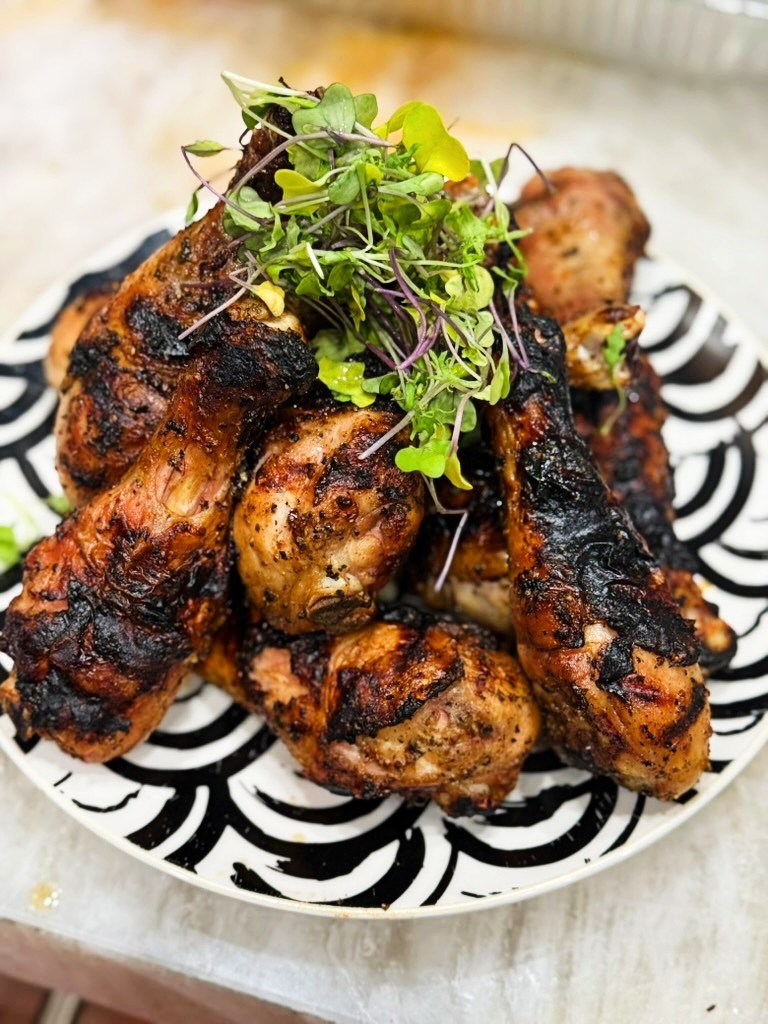 Char-grilled chicken thighs with herbs
